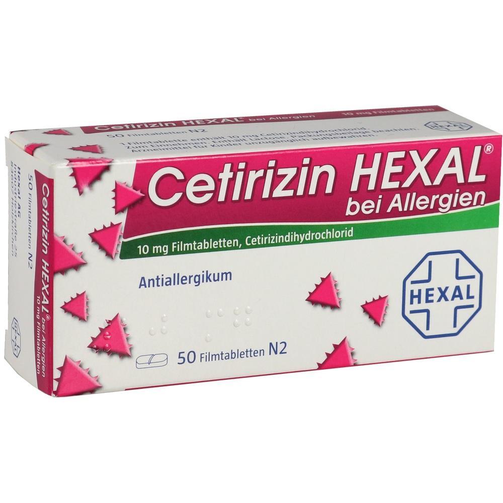 Eine Packung Cetirizin HEXAL Tabletten gegen Allergien.